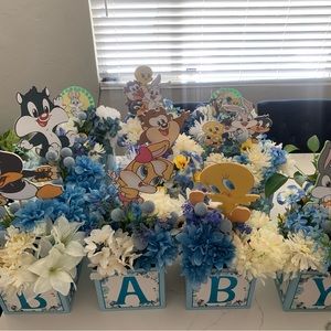 Baby Looney Tunes Baby Shower Centerpieces Blue and White